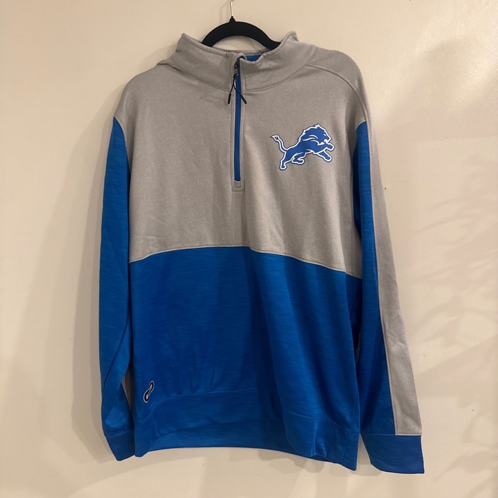 NWT NFL Team Apparel Detroit Lions Mens Large 1/4 Zip Pullover Blue Gray